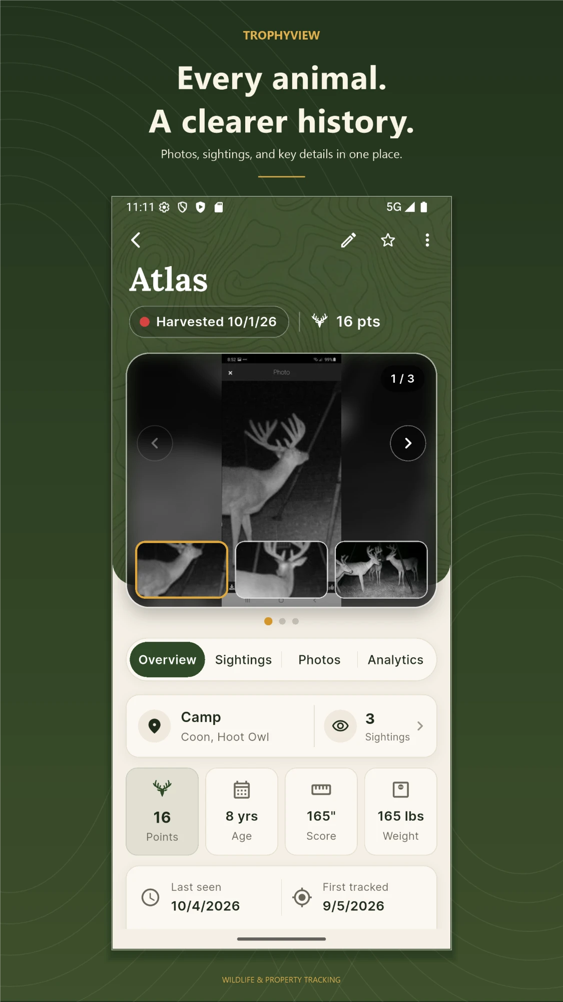 TrophyView buck detail screen with photo gallery, sightings, points, age, score, and weight