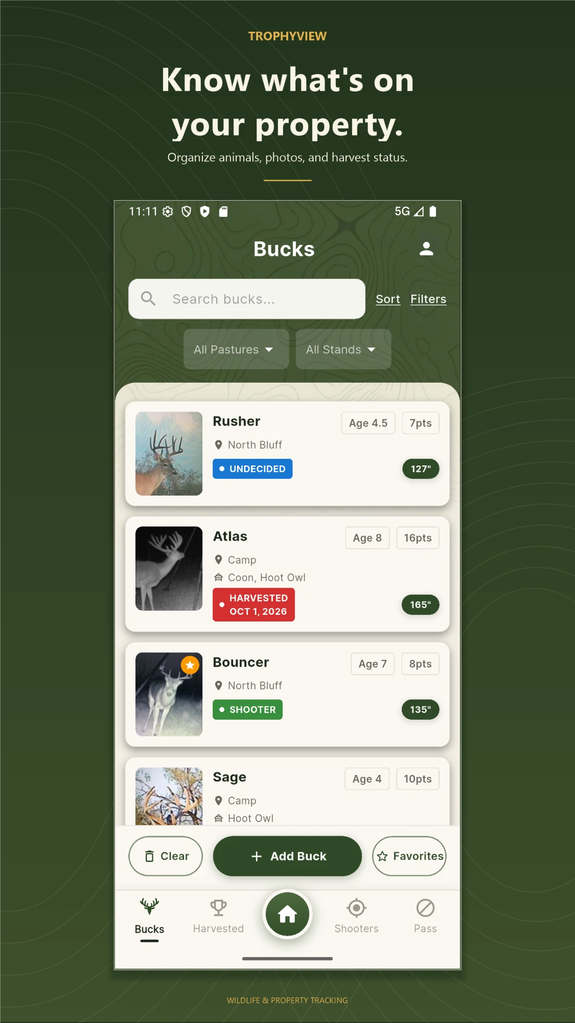 TrophyView buck list with search, pasture and stand filters, and harvest status tags